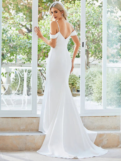 Spaghetti Strap Mermaid Pleated Deep V-Neck Wedding Dress