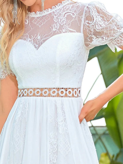 Short Sleeve Floral Lace Sheer Vintage Wedding Dress