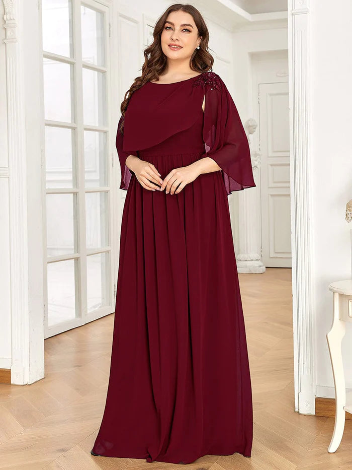 Plus Size Sequin Applique Chiffon Cape A-Line Mother of the Bride Dress