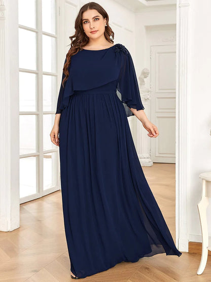 Plus Size Sequin Applique Chiffon Cape A-Line Mother of the Bride Dress