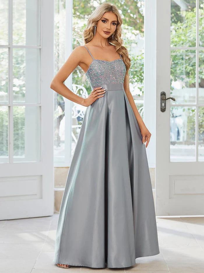 Spaghetti Strap Sequin Bodice A-Line Satin Prom Dress