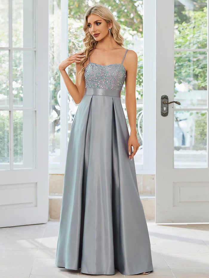 Spaghetti Strap Sequin Bodice A-Line Satin Prom Dress