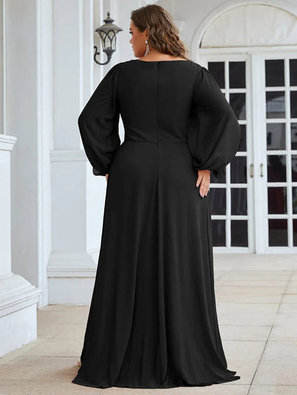 Elegant Chiffon V-Neckline Long Sleeve Formal Evening Dress