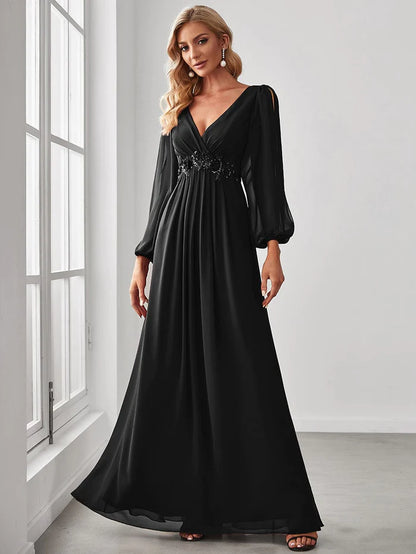 Elegant Chiffon V-Neckline Long Sleeve Formal Evening Dress