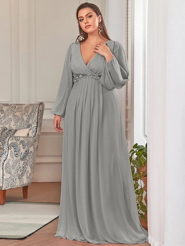 Elegant Chiffon V-Neckline Long Sleeve Formal Evening Dress