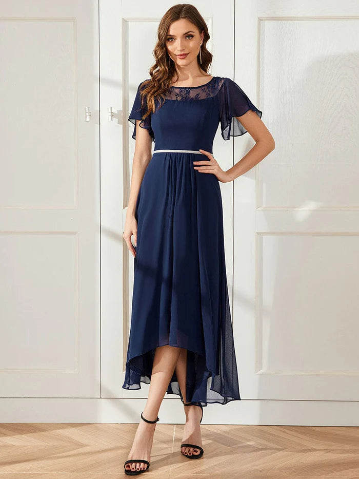 Chiffon Ruffle Sleeves Asymmetrical Hem Mother of the Bride Dress