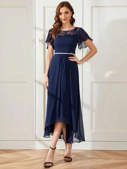 Chiffon Ruffle Sleeves Asymmetrical Hem Mother of the Bride Dress