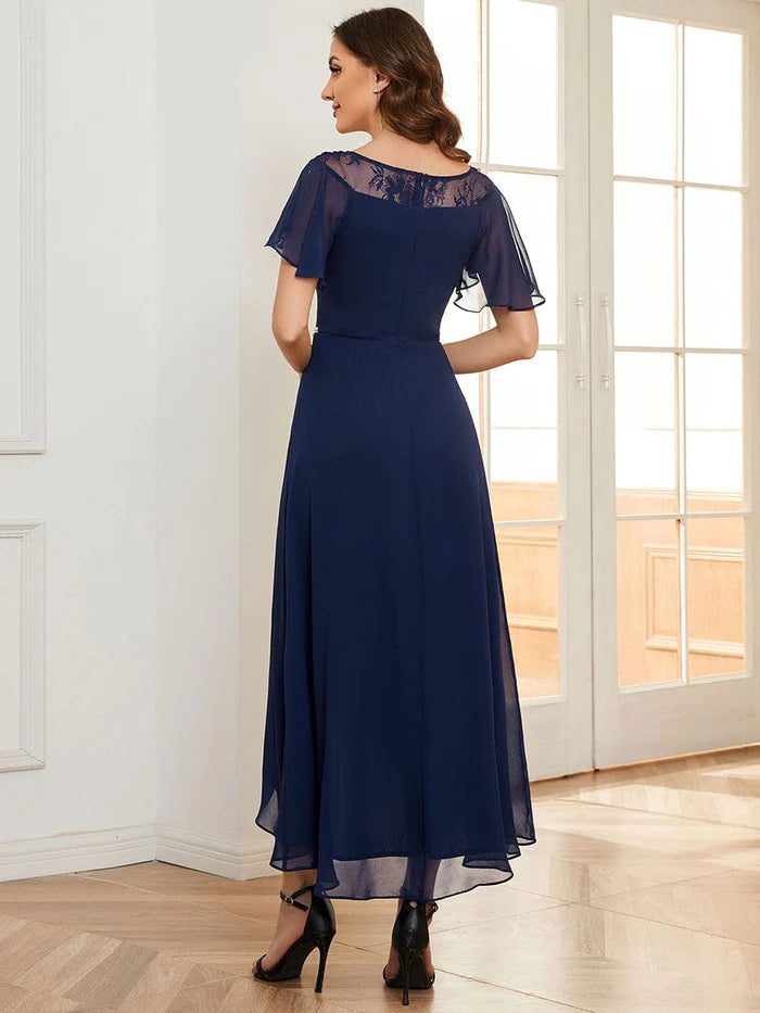 Chiffon Ruffle Sleeves Asymmetrical Hem Mother of the Bride Dress