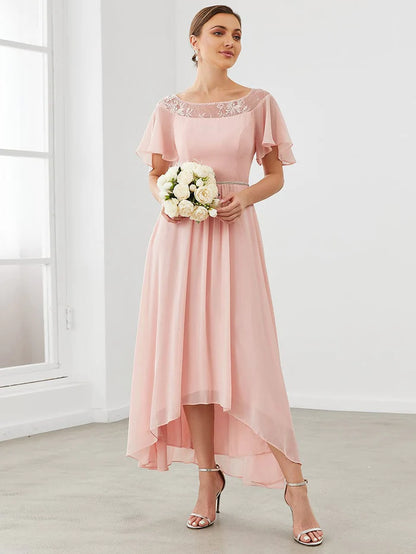 Chiffon Ruffle Sleeves Asymmetrical Hem Mother of the Bride Dress