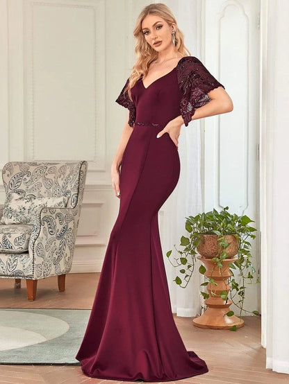 Sexy V Neck Maxi Bodycon Evening Dress with Flare Sleeves