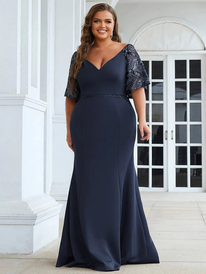 Sexy V Neck Maxi Bodycon Evening Dress with Flare Sleeves