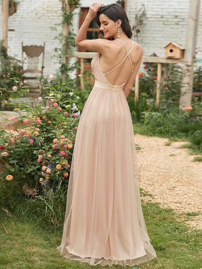 Sexy V-neck Open Back Pleated Maxi Tulle Evening Dresses