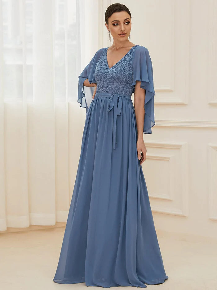 Deep V Neck Lace Bodice Long Flowy Evening Dress