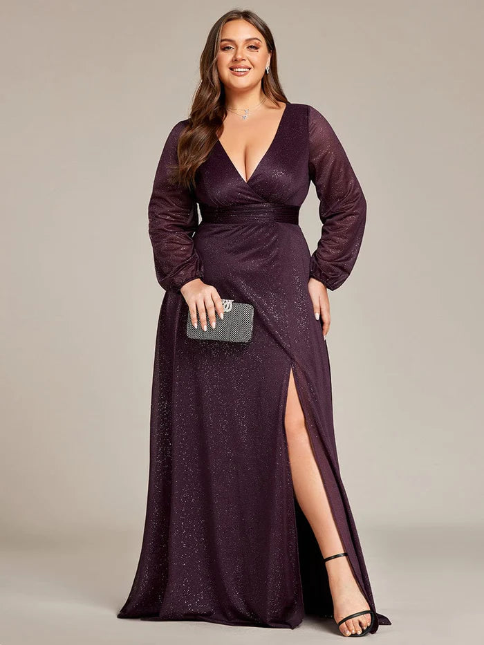 Women's Sexy Long Sleeve V-Neck Shiny Evening Dress