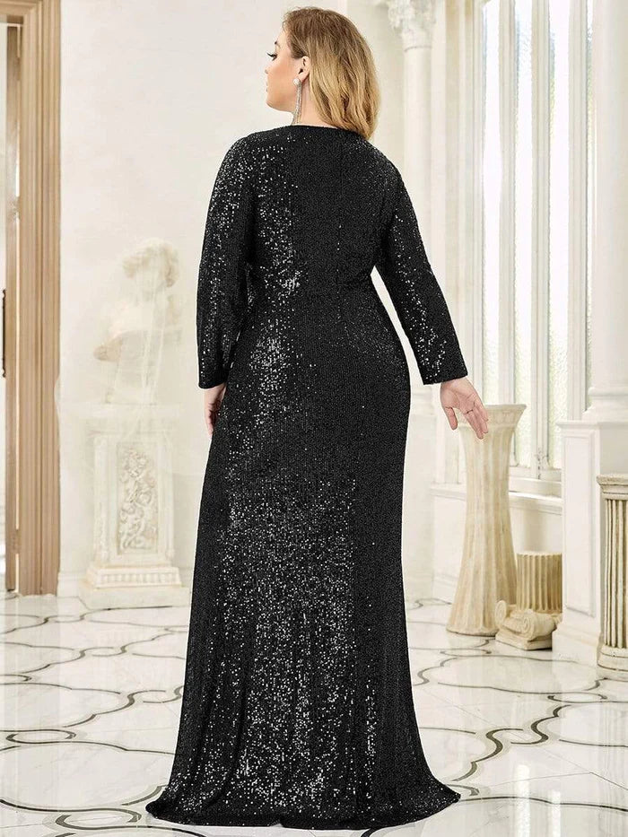 Shiny V Neck Sequin Long Sleeves Evening Dress