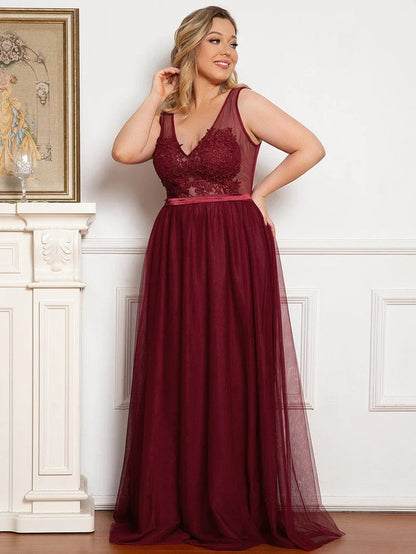 Plus Size Women's A-Line V-Neck Floral Lace Appliques Bridesmaid Dress