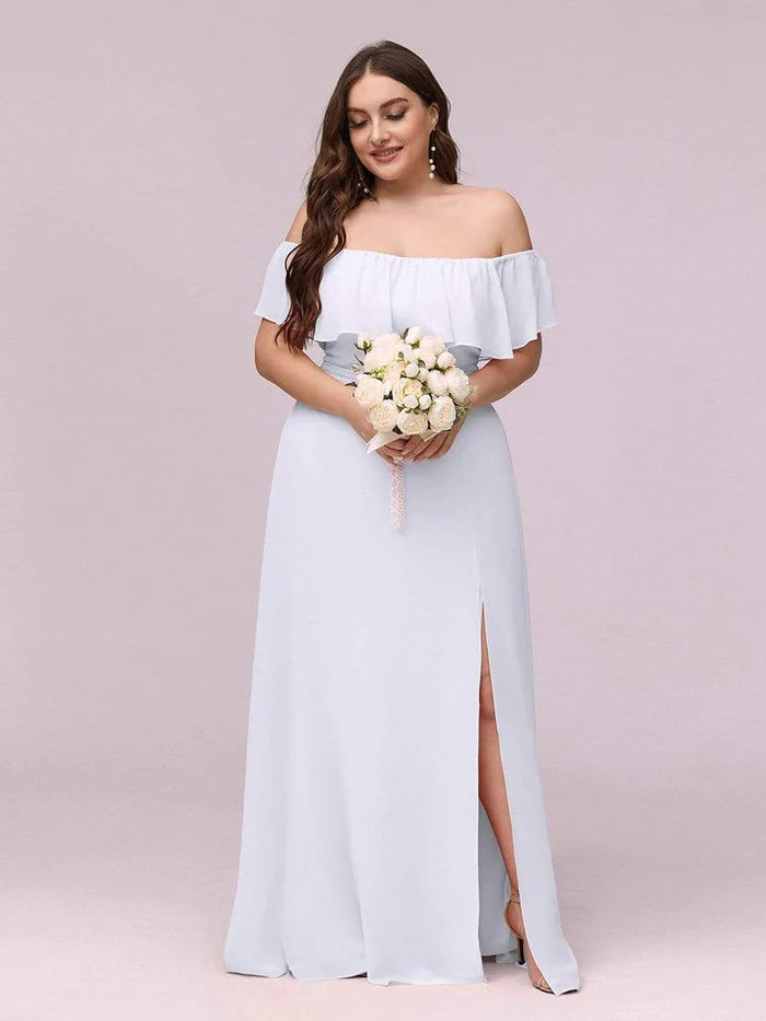 Qiaiwan Women's Off Shoulder Ruffle Thigh Slit Bridesmaid Dresses