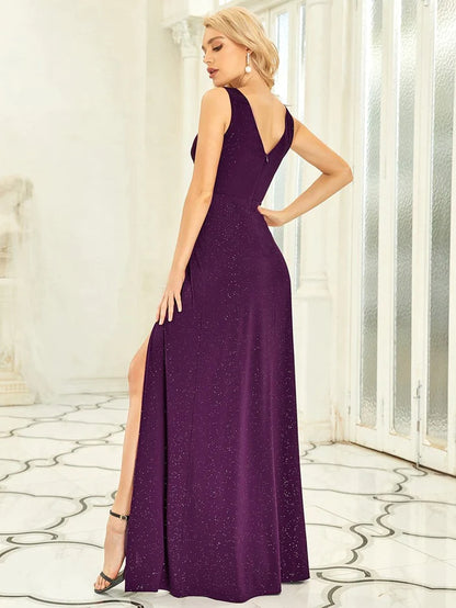 Floor Length V Neck Shiny Evening Dress with Side Slit