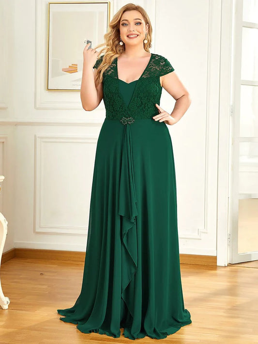 Plus Size Cap Sleeve Maxi Evening Dress for Wedding Guest