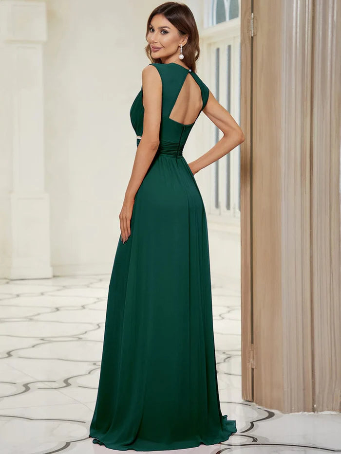 V-Neck Sleeveless Beaded Belt Chiffon A-Line Evening Dress