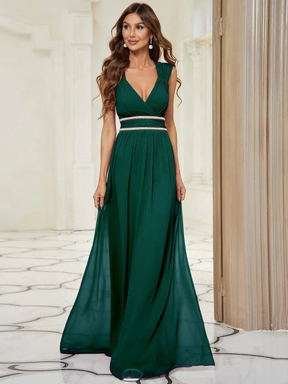 V-Neck Sleeveless Beaded Belt Chiffon A-Line Evening Dress