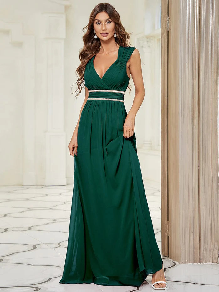 V-Neck Sleeveless Beaded Belt Chiffon A-Line Evening Dress