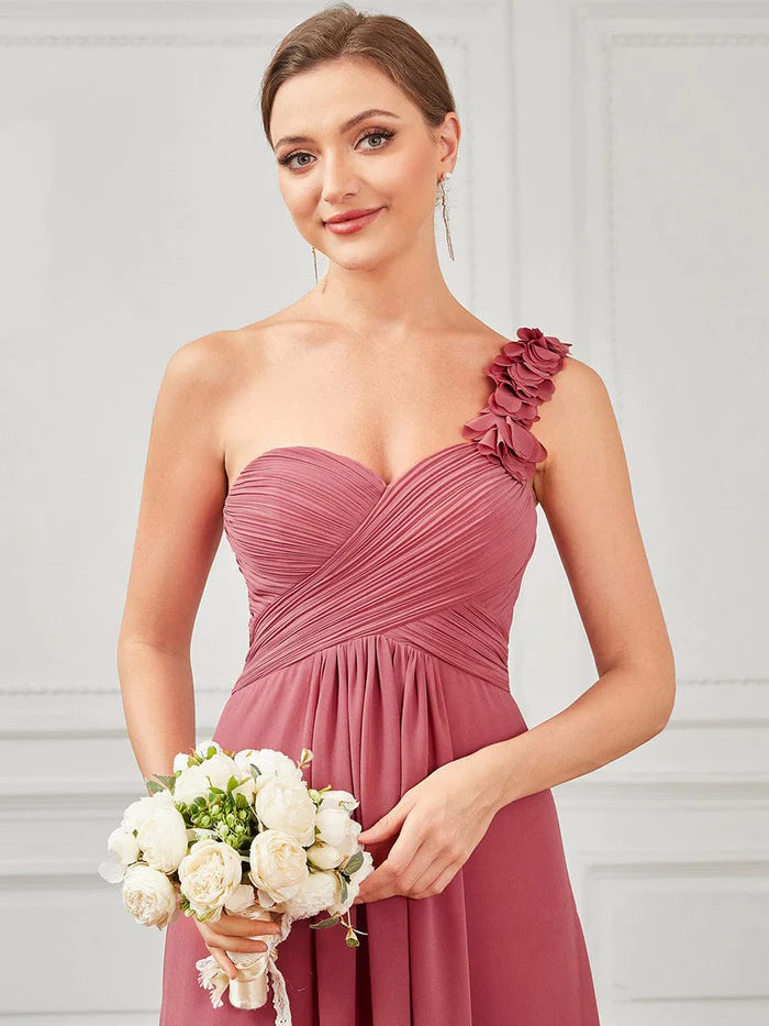 Sweet Pleated Bodice One Shoulder Chiffon Bridesmaid Dress