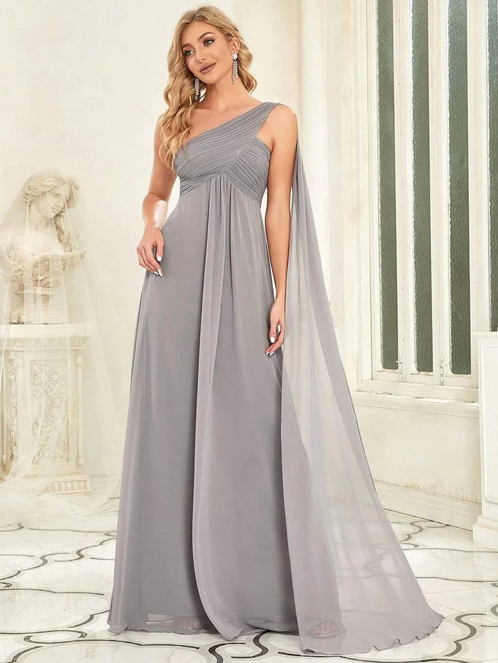 Pleated One Shoulder Long Chiffon Formal Evening Dress