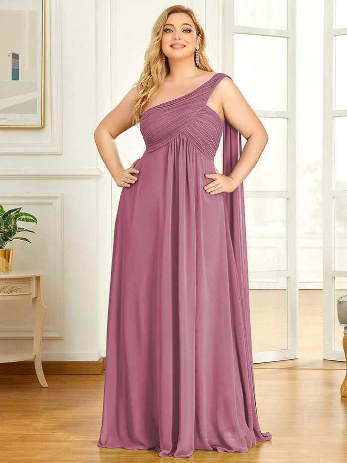 Pleated One Shoulder Long Chiffon Formal Evening Dress