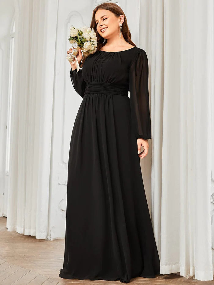 Plus Size See-Through Puff Sleeve Chiffon Mother Dress