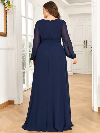 Plus Size See-Through Puff Sleeve Chiffon Mother Dress