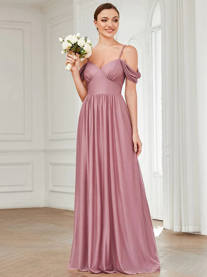 Draped Sleeve Cold Shoulder Sweetheart Bridesmaid Dress