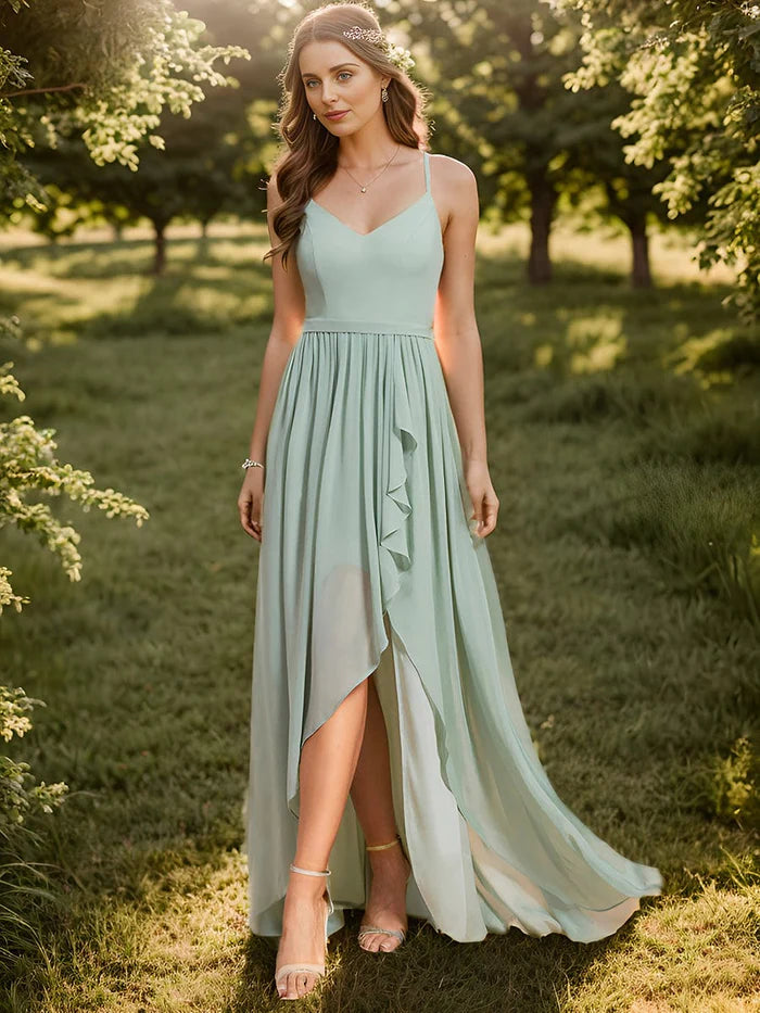 Mint Green Chiffon Spaghetti Strap Ruffled Front Slit A-Line Bridesmaid Dress