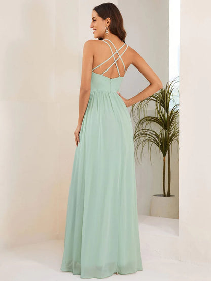 Mint Green Chiffon Spaghetti Strap Ruffled Front Slit A-Line Bridesmaid Dress