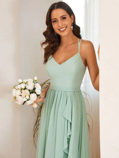 Mint Green Chiffon Spaghetti Strap Ruffled Front Slit A-Line Bridesmaid Dress