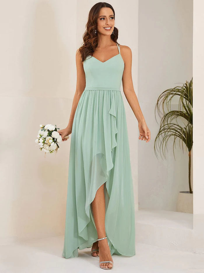 Mint Green Chiffon Spaghetti Strap Ruffled Front Slit A-Line Bridesmaid Dress