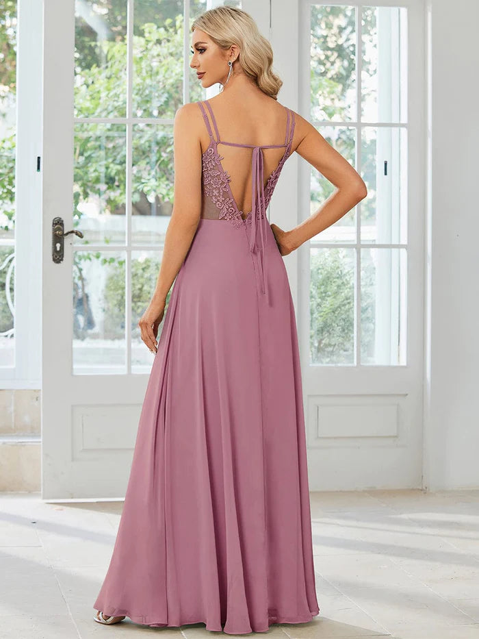 Convertible Chiffon Lace Open Back Spaghetti Straps Bridesmaid Dress