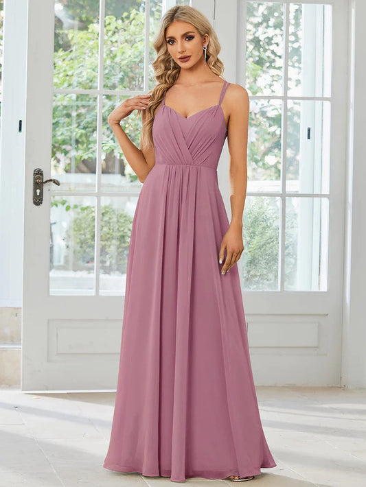 Convertible Chiffon Lace Open Back Spaghetti Straps Bridesmaid Dress