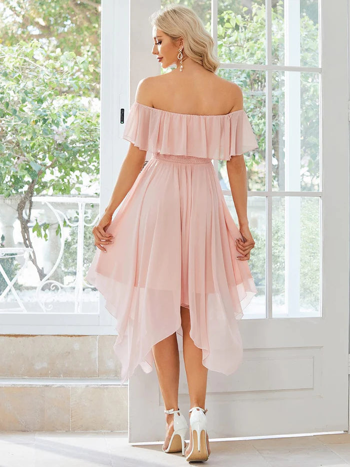 Chiffon Flowy Off-The-Shoulder Bridesmaid Asymmetrical Dress