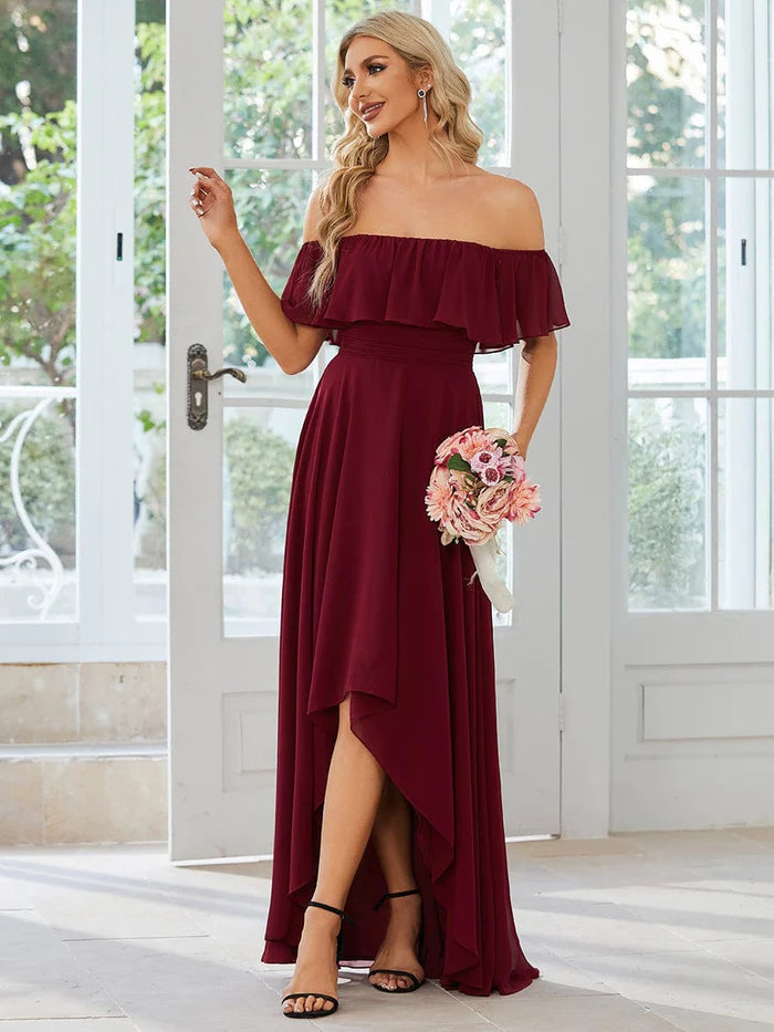 Elegant Chiffon High-Low Off The Shoulder Bridesmaid Dress