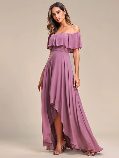 Elegant Chiffon High-Low Off The Shoulder Bridesmaid Dress