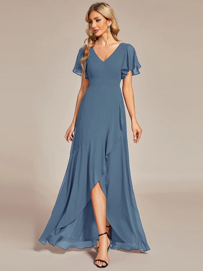 Qiaiwan Charming Chiffon Bridesmaid Dress with Lotus Leaf Hemline