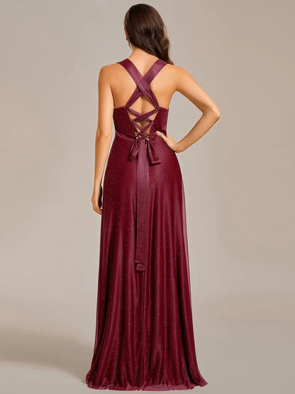 Glittery Pleated V-neck Adjustable Back Lace-Up Sleeveless Bridesmaid Dress Prom Dress