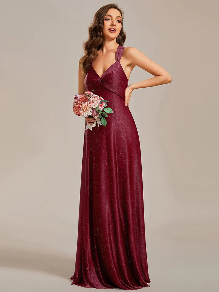 Glittery Pleated V-neck Adjustable Back Lace-Up Sleeveless Bridesmaid Dress Prom Dress