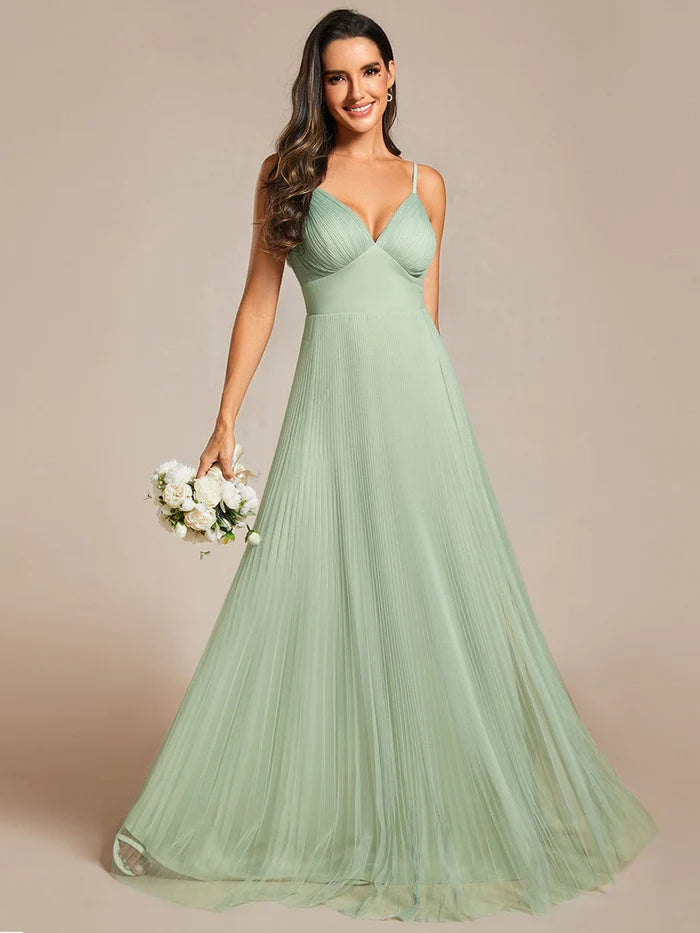 Empire Waist Spaghetti Sratp V-Neck Backless Tulle Bridesmaid Dress