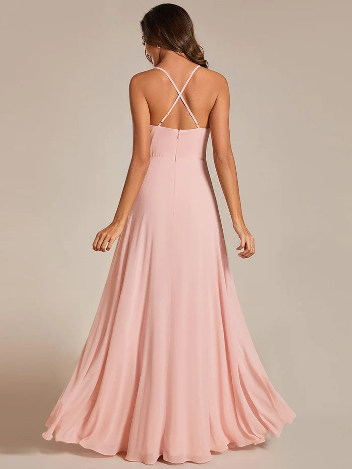 Flowy Back Criss-Cross Swing Collar Sleeveless A-Line Bridesmaid Dress