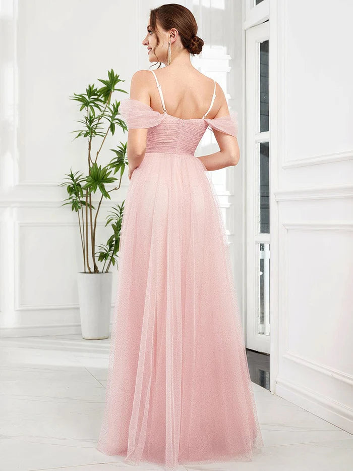 Pink Shoulder Spaghetti Strap Pleated Sequin Tulle Bridesmaid Dress