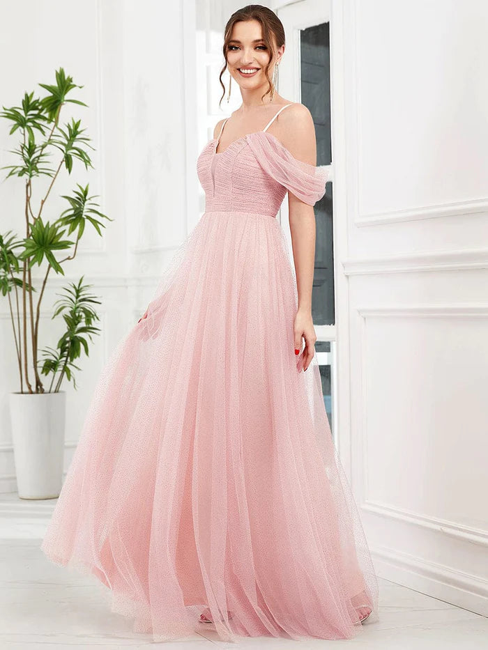 Pink Shoulder Spaghetti Strap Pleated Sequin Tulle Bridesmaid Dress