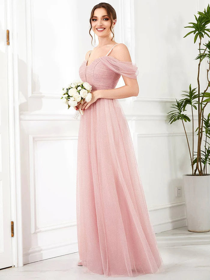 Pink Shoulder Spaghetti Strap Pleated Sequin Tulle Bridesmaid Dress