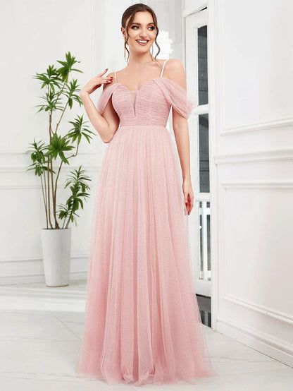 Pink Shoulder Spaghetti Strap Pleated Sequin Tulle Bridesmaid Dress